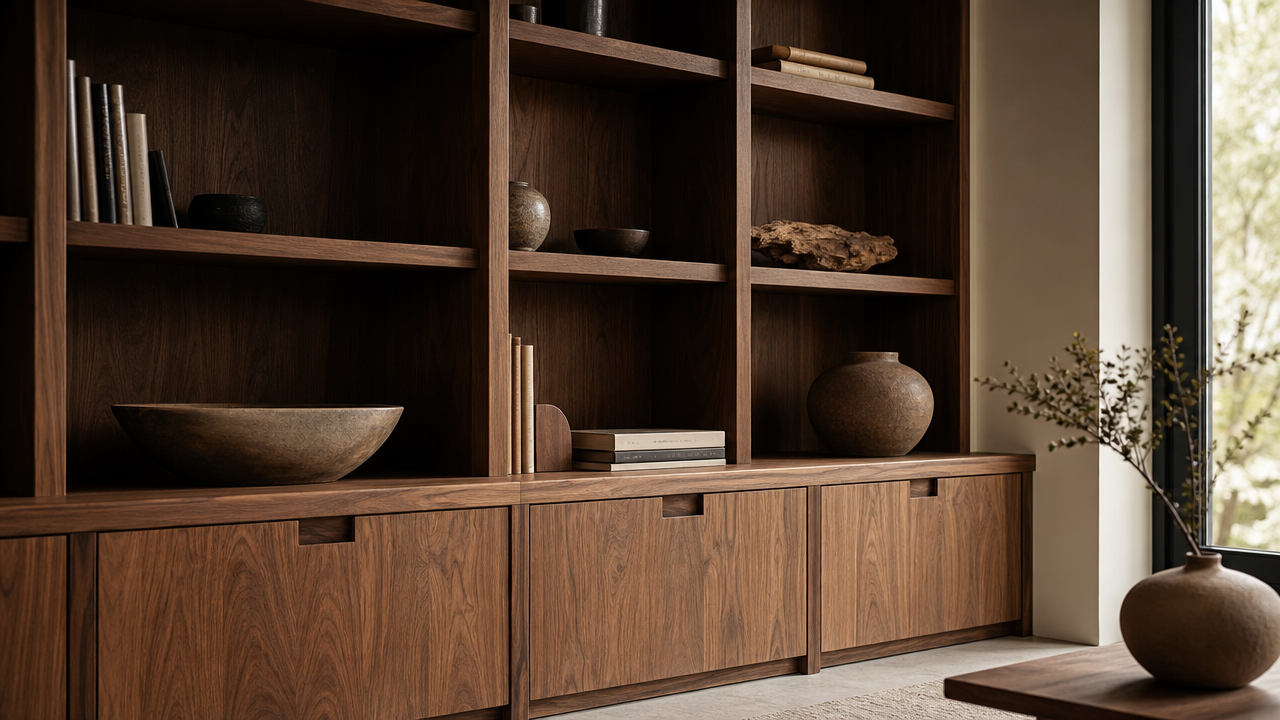 Walnut built-in shelving